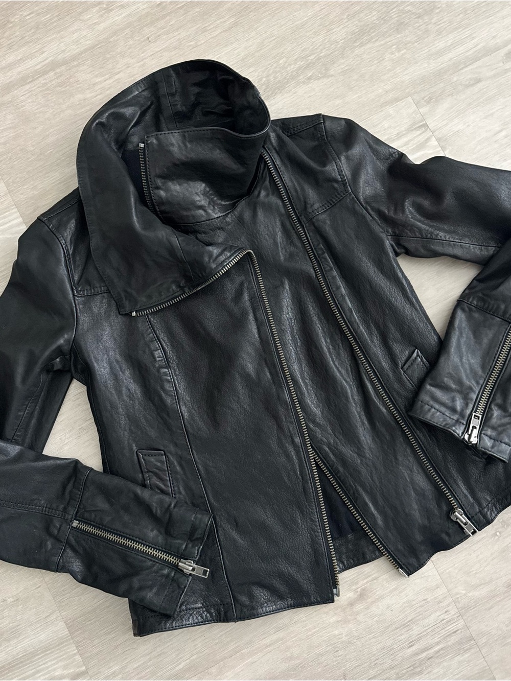 All Saints Vintage Black Leather Asymmetric Zip Jacket